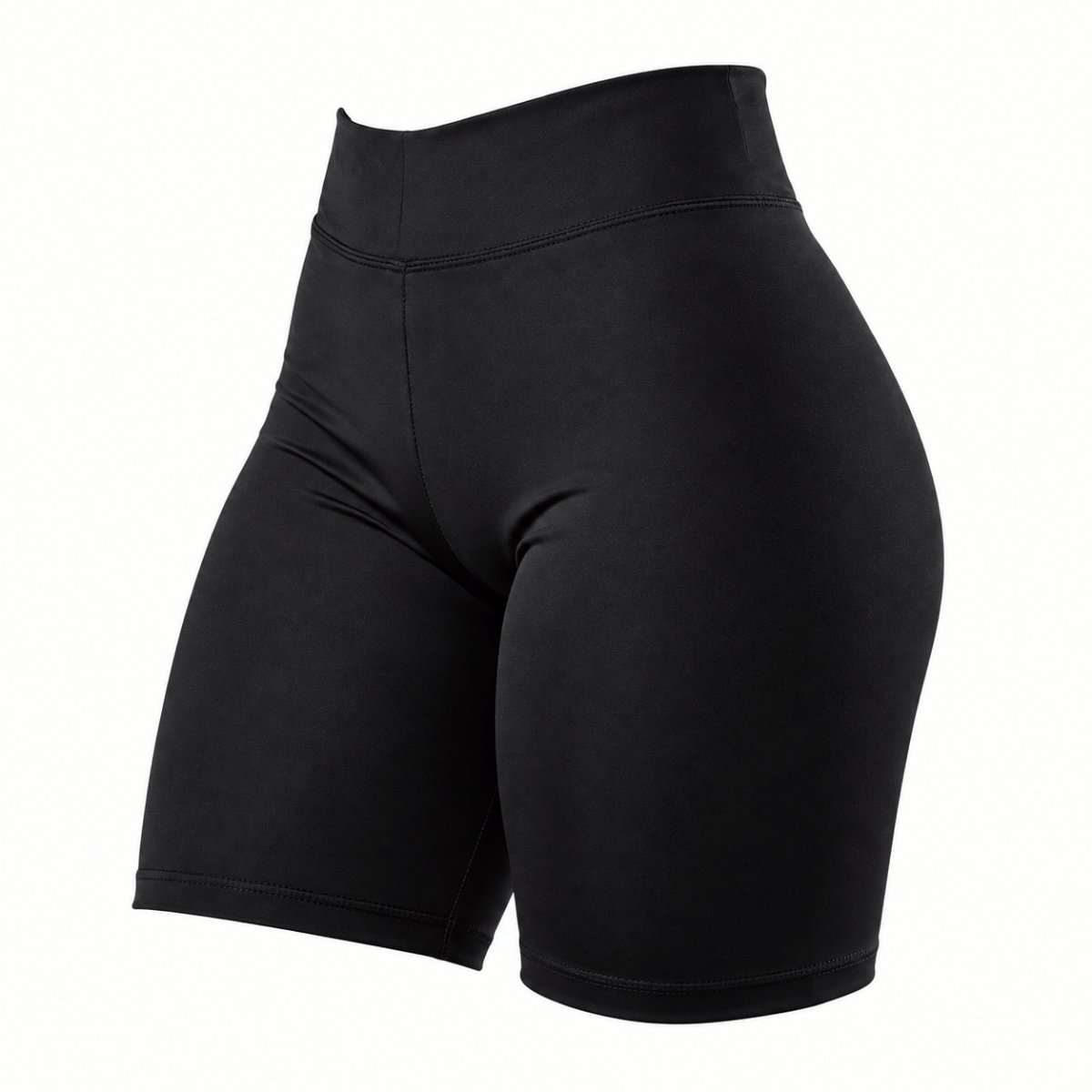 Visão frontal do short duplo ciclismo feminino na cor preta com caimento solto